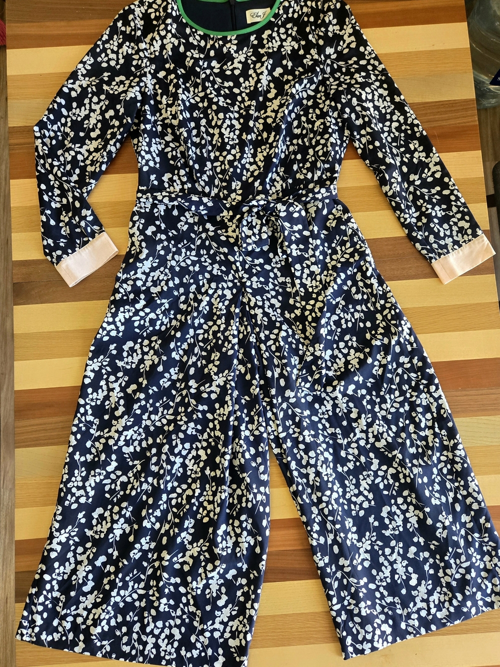 Eliza J Navy and White Floral Jumpsuit With Light Pink Cuffs And Green Collar